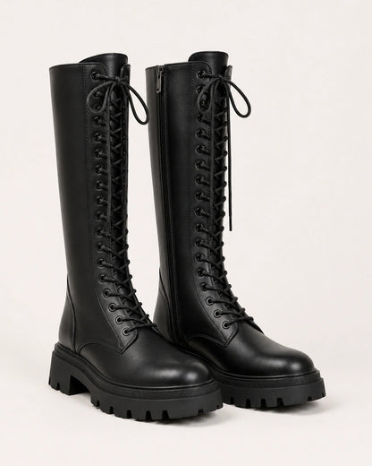 Momount Women Lace-Up Knee-High Boots – Track Sole, Side Zip, black, product only.