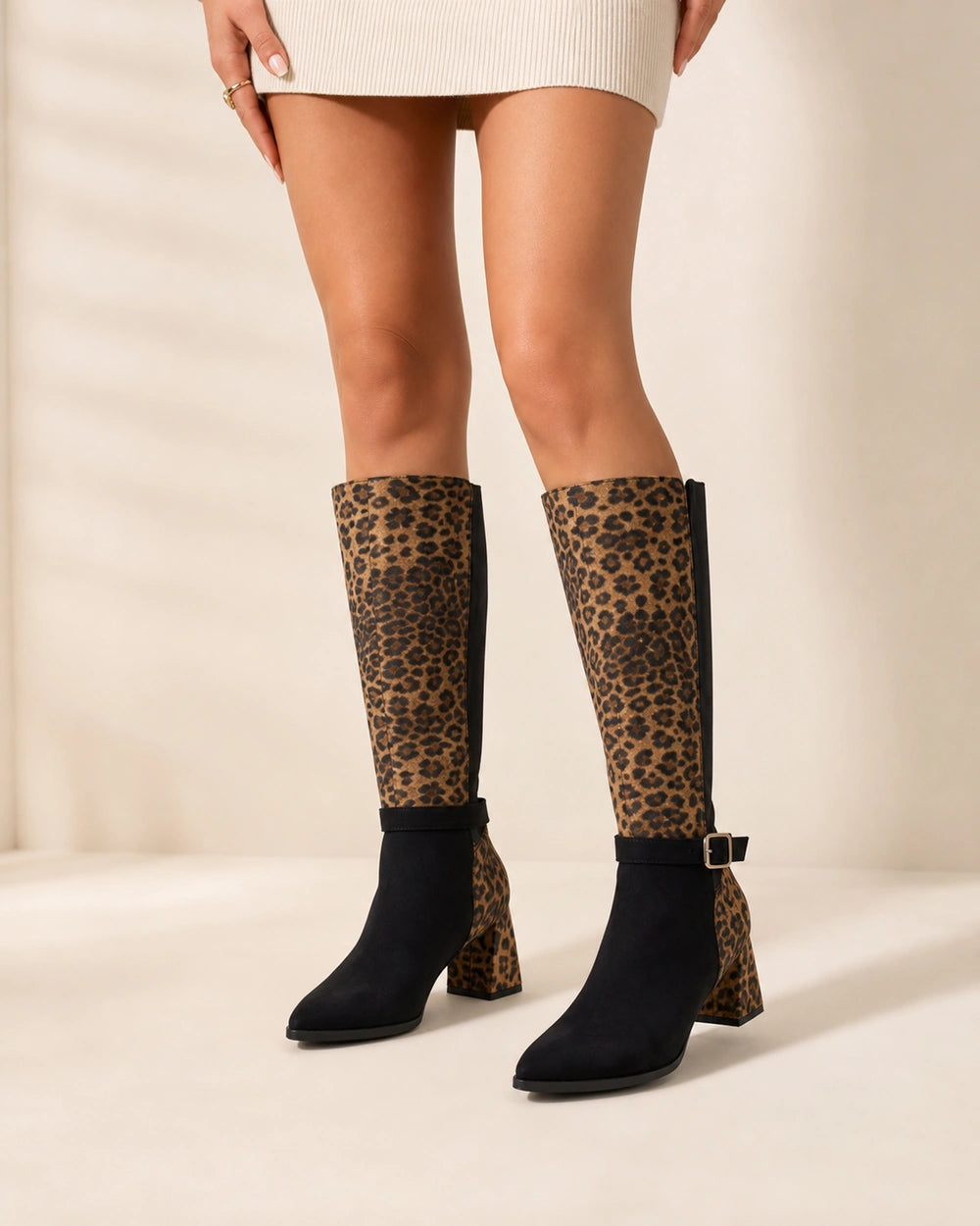 Momount Women Leopard Knee-High Boots – Buckle Strap, Block Heel, leopard print, hero.