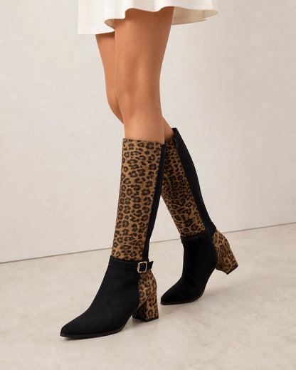Momount Women Leopard Knee-High Boots – Buckle Strap, Block Heel, leopard print, lateral profile.