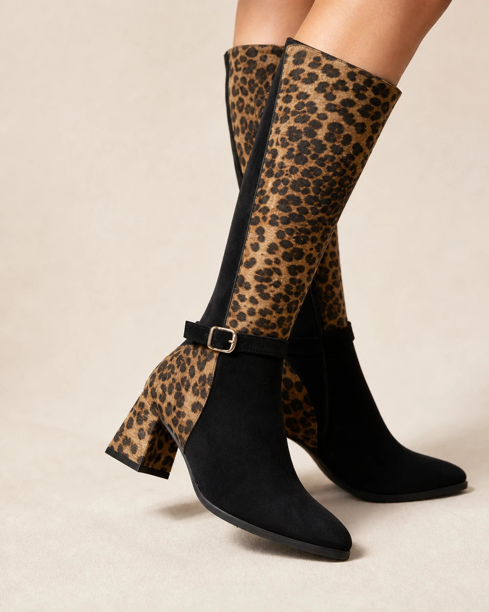 Momount Women Leopard Knee-High Boots – Buckle Strap, Block Heel, leopard print, construction detail.