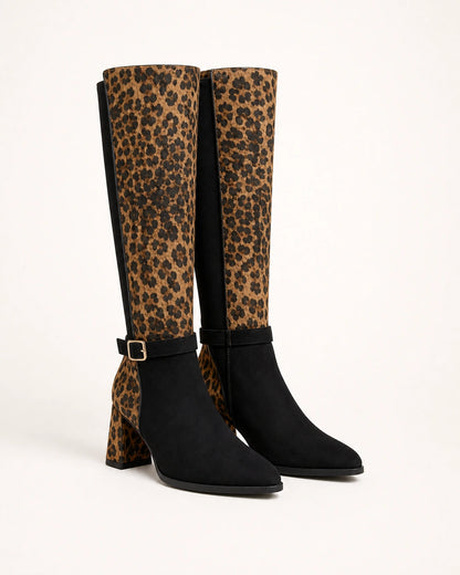 Momount Women Leopard Knee-High Boots – Buckle Strap, Block Heel, leopard print, product only.