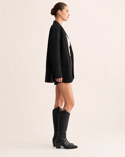 Momount Women Lizzy Western Knee-High Boots, black, lateral profile.
