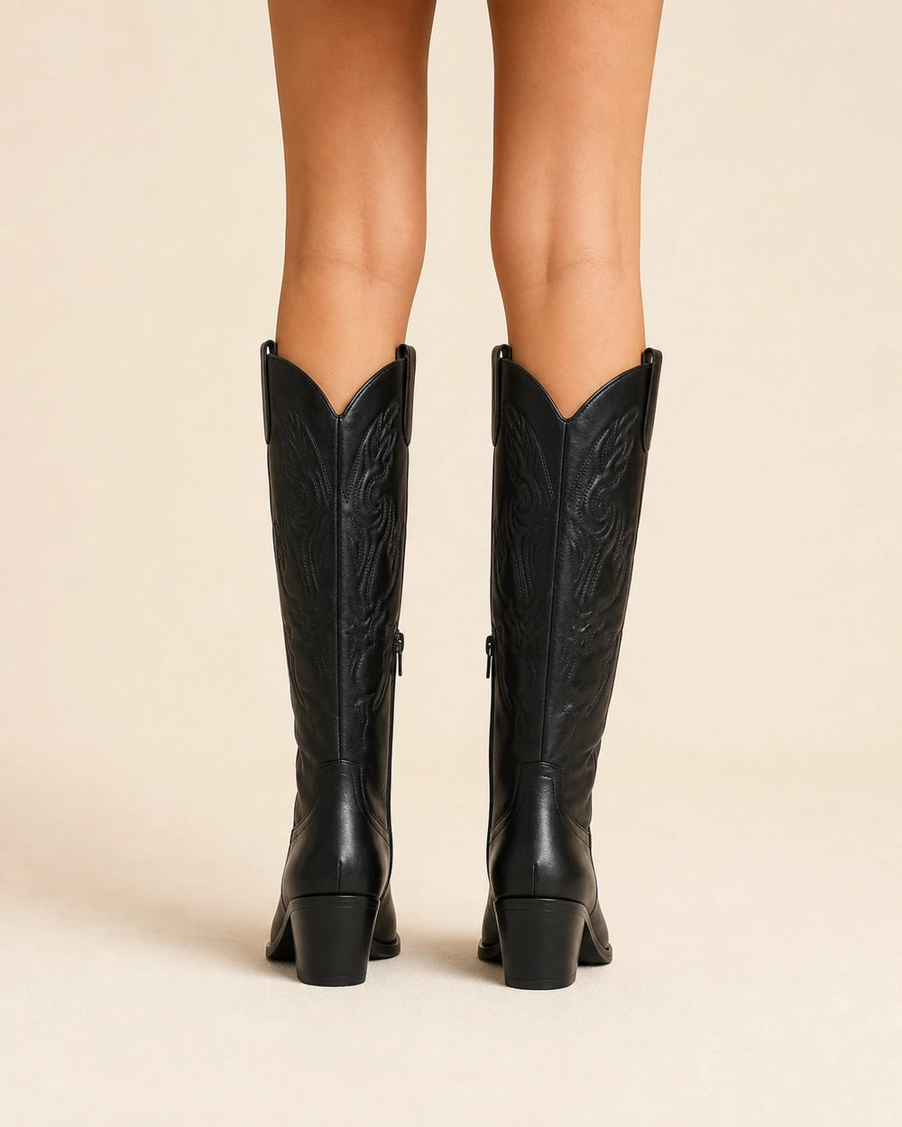 Momount Women Lizzy Western Knee-High Boots, black, rear view.