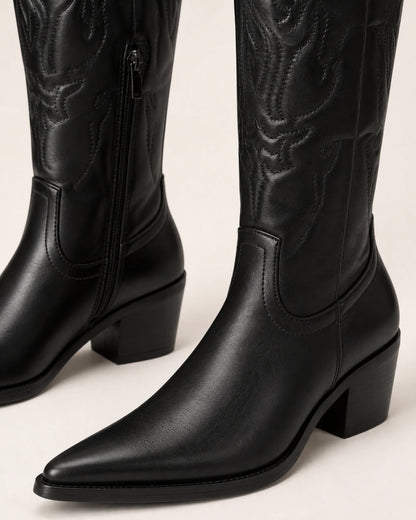 Momount Women Lizzy Western Knee-High Boots, black, construction detail.