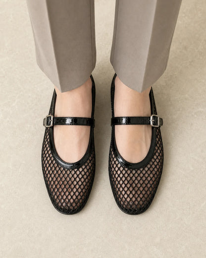 Women's black mesh Mary Jane ballet flats — image 3 — momount-women-mesh-ballet-flats-black-03-overhead-fit.webp