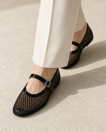 Women's black mesh Mary Jane ballet flats — image 6 — momount-women-mesh-ballet-flats-black-06-walking.webp