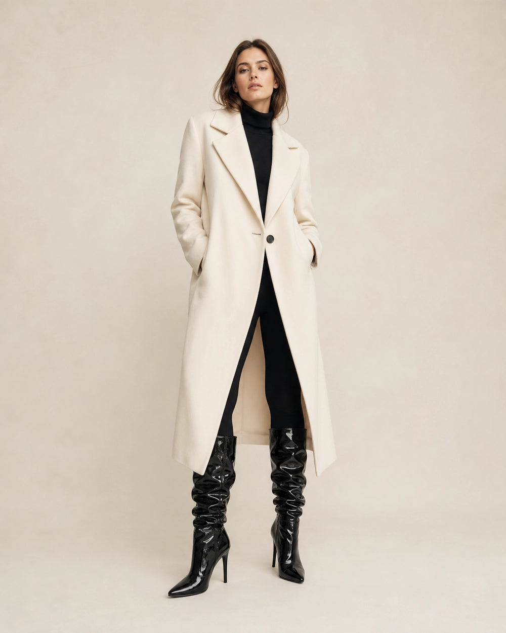Momount Women Patent Slouch Stiletto Boots, black, full silhouette.