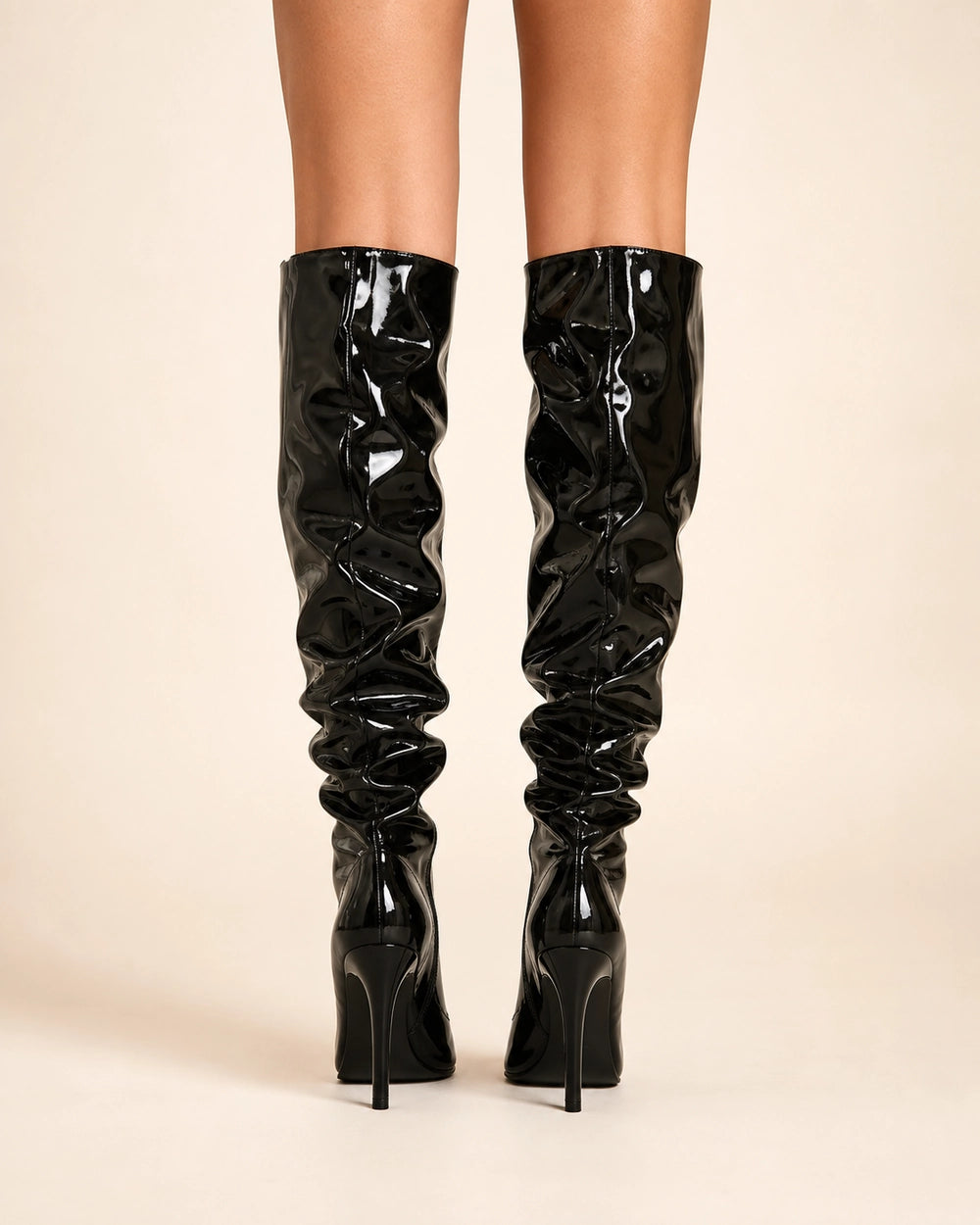 Momount Women Patent Slouch Stiletto Boots, black, rear view.