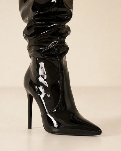 Momount Women Patent Slouch Stiletto Boots, black, construction detail.