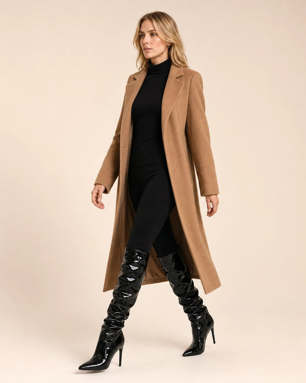 Momount Women Patent Slouch Stiletto Boots, black, walking view.