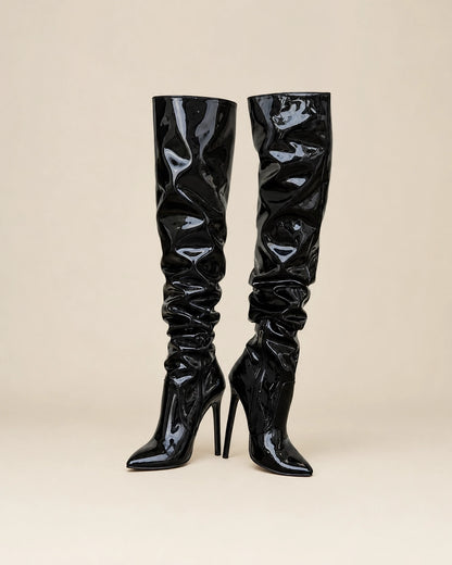 Momount Women Patent Slouch Stiletto Boots, black, product only.