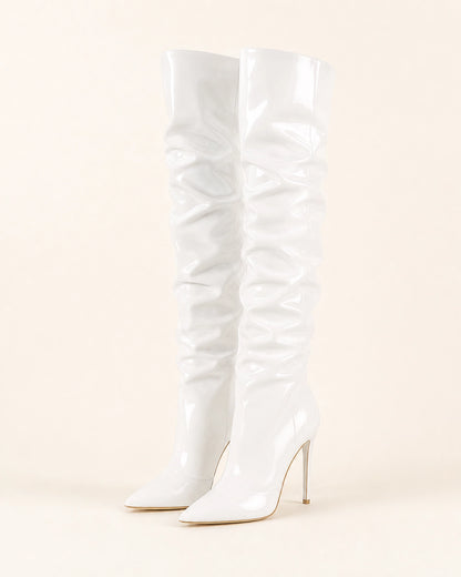 Momount Women Patent Slouch Stiletto Boots, white, variant hero.
