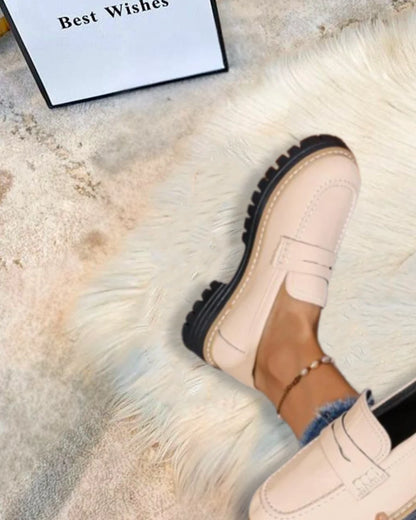 Momount Women Platform Loafers – Lug Sole Penny Strap Slip-On Round Toe — momount-women-platform-loafers-lug-sole-penny-strap-beige-06-top-view.webp