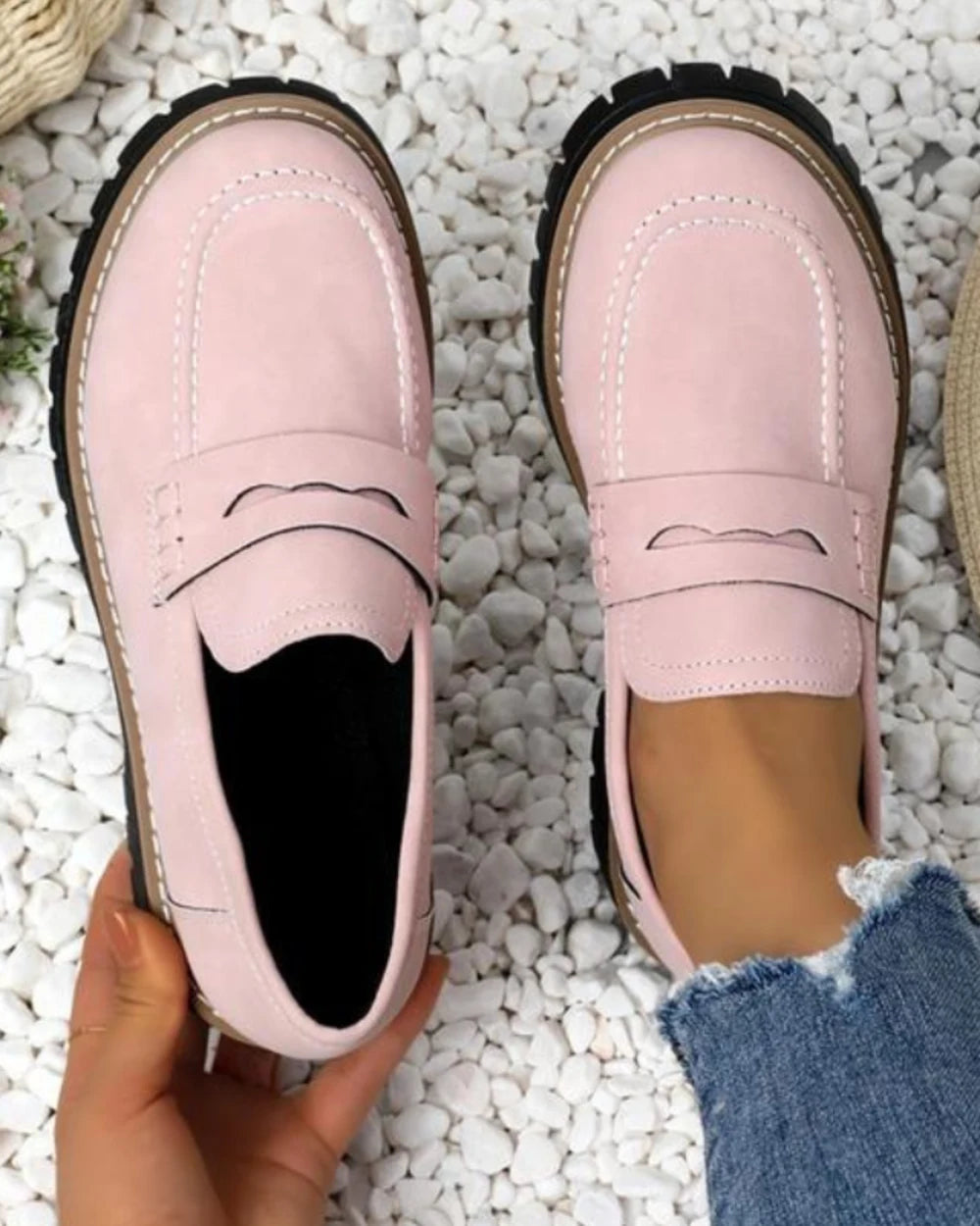 Momount Women Platform Loafers – Lug Sole Penny Strap Slip-On Round Toe — momount-women-platform-loafers-lug-sole-penny-strap-pink-09-variant.webp