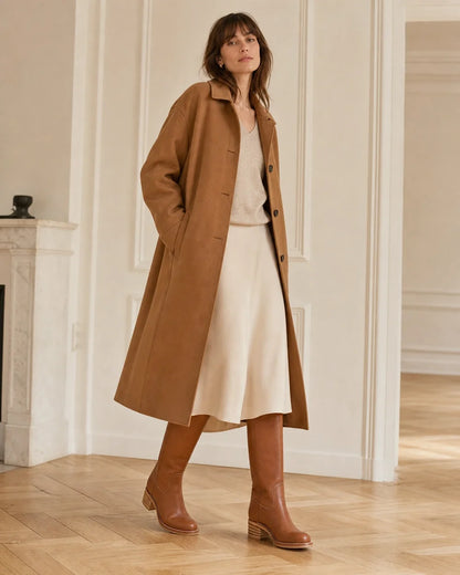Brown round-toe knee-high boots, styled hero