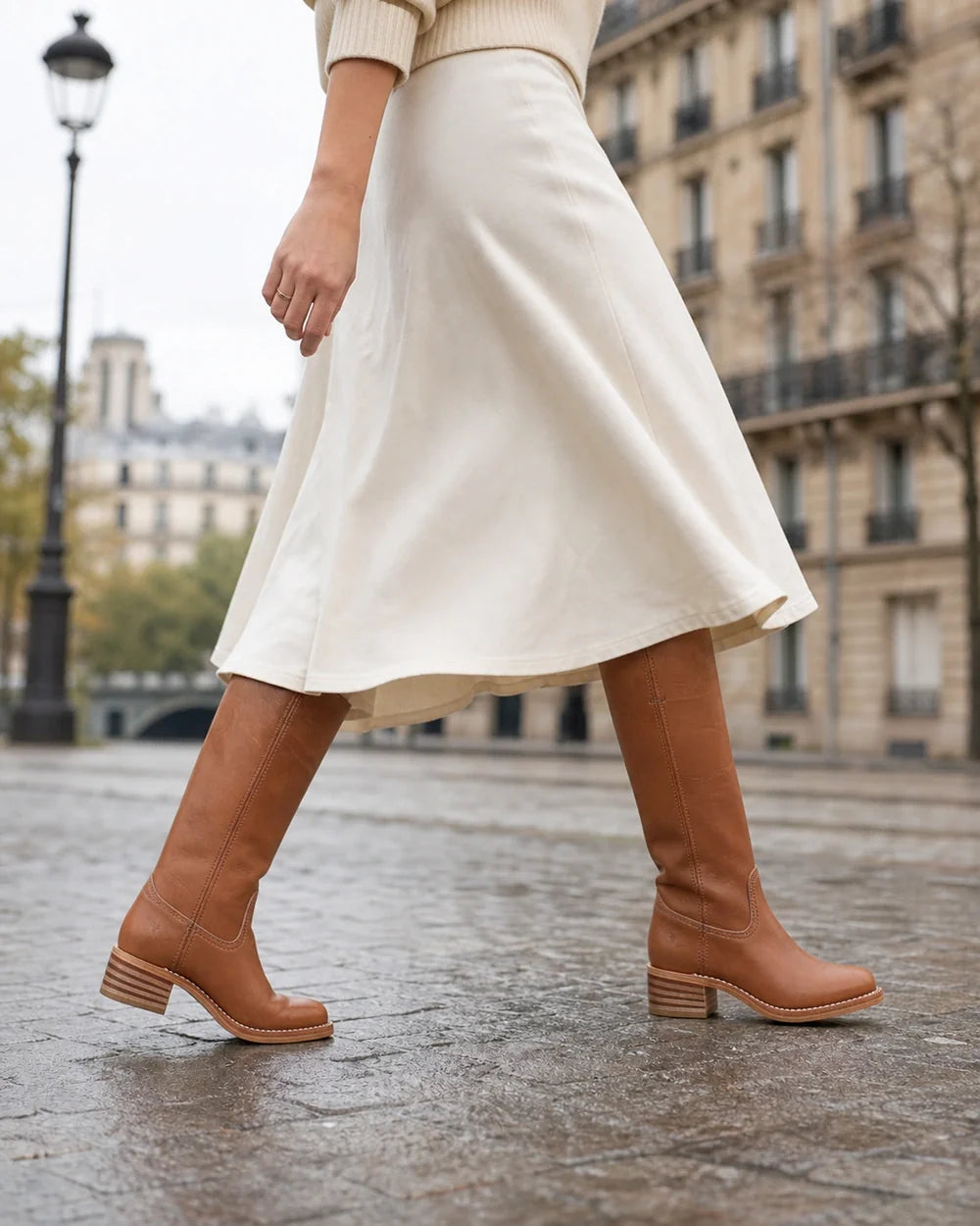 Brown round-toe knee-high boots, walking lifestyle