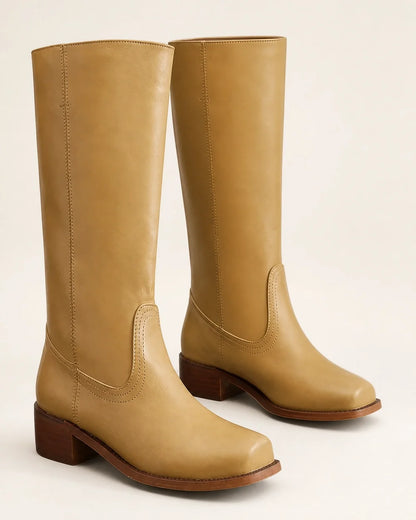 Yellow round-toe knee-high boots, variant