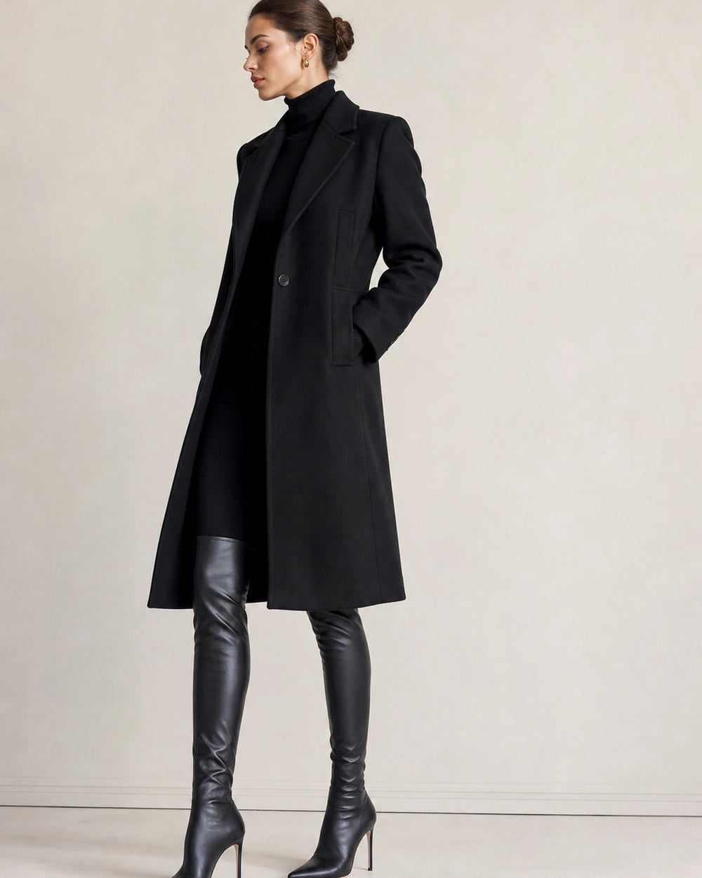 Momount Women Sleek Over-the-Knee Boots – Pointed Toe, Stiletto Heel, black, lateral profile.