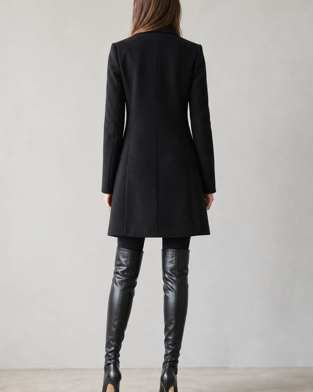 Momount Women Sleek Over-the-Knee Boots – Pointed Toe, Stiletto Heel, black, rear view.