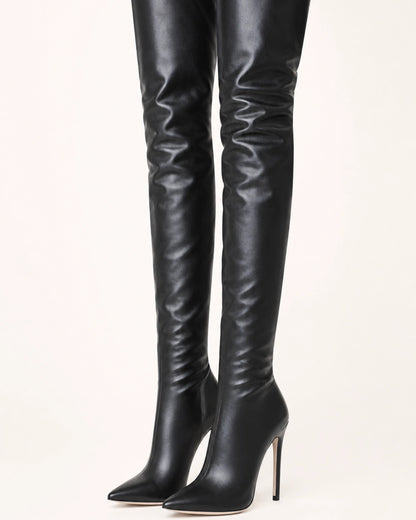 Momount Women Sleek Over-the-Knee Boots – Pointed Toe, Stiletto Heel, black, product only.