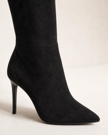 Momount women's black sleek stiletto knee-high boots, pointed toe and heel detail.