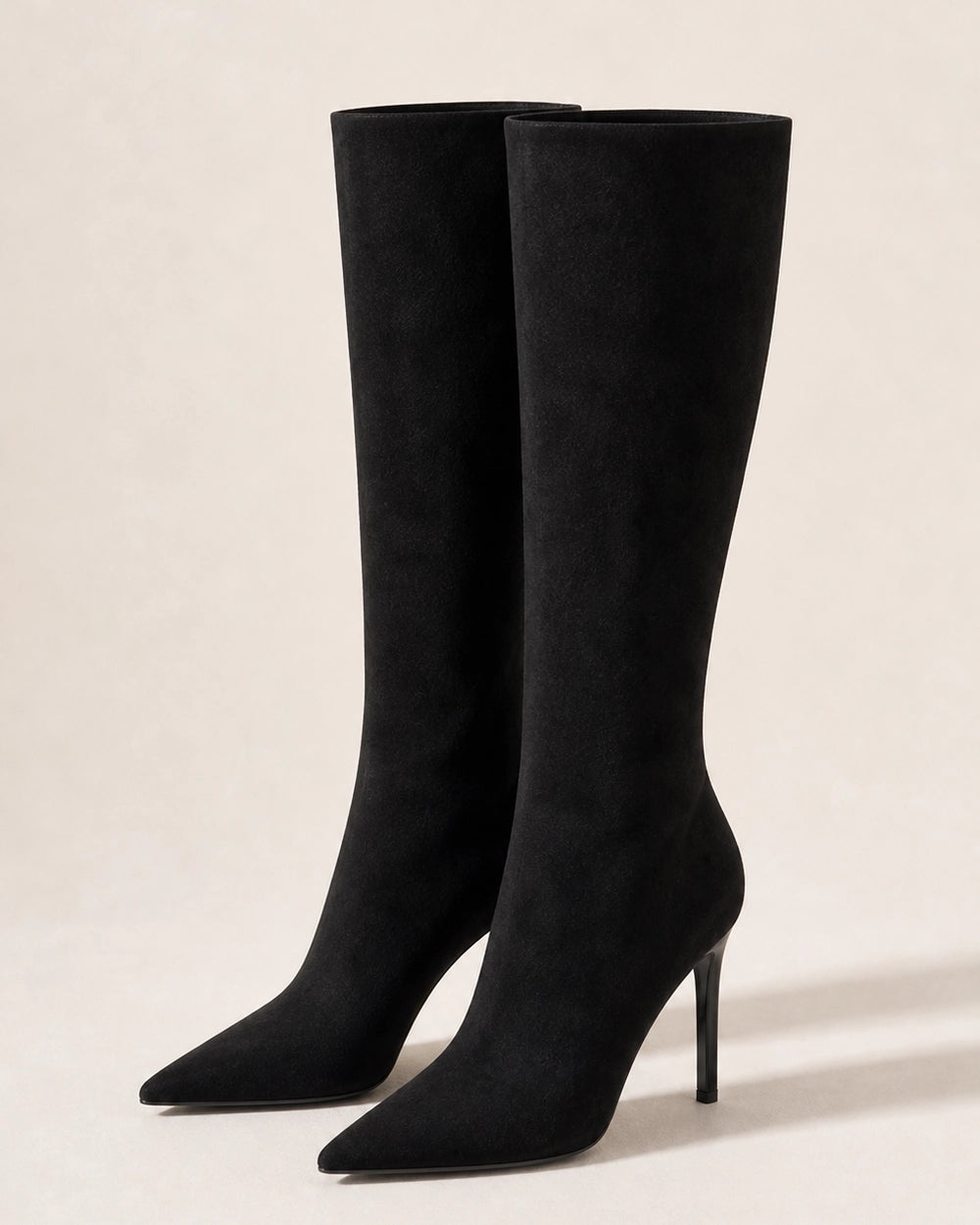 Momount women's black sleek stiletto knee-high boots, product-only view.