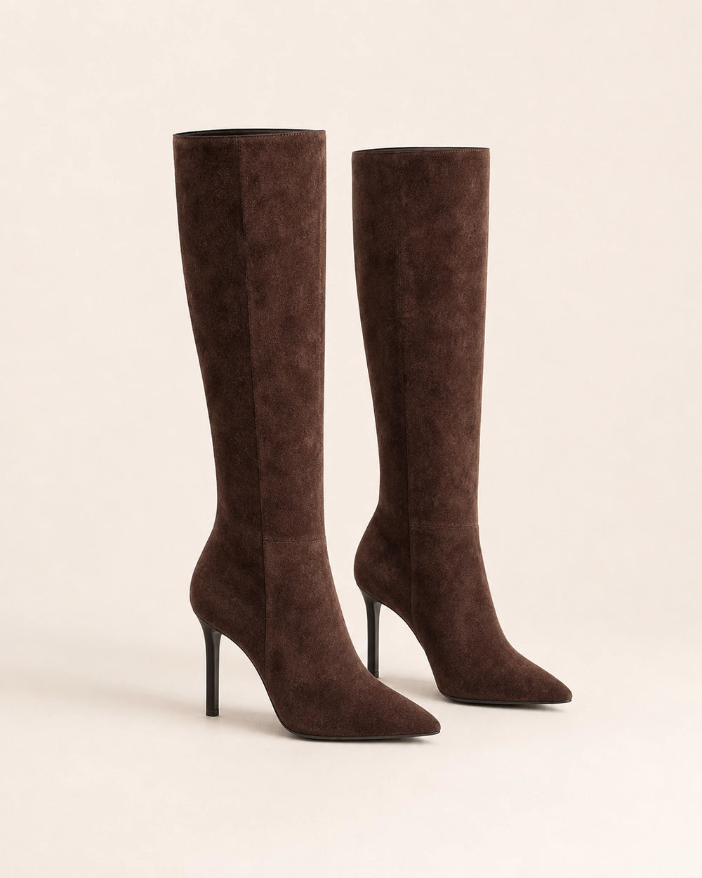 Momount women's dark brown sleek stiletto knee-high boots, product-only view.