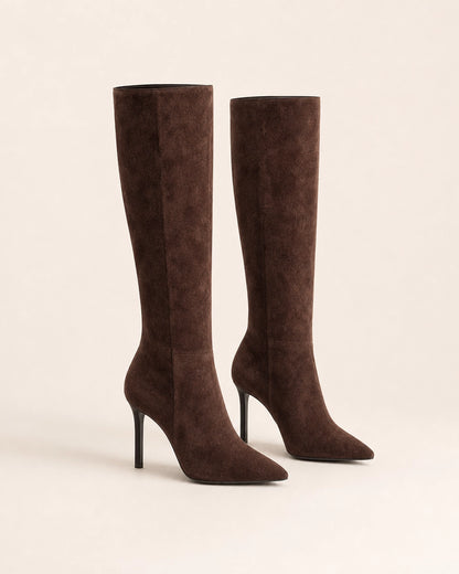 Momount women's dark brown sleek stiletto knee-high boots, product-only view.