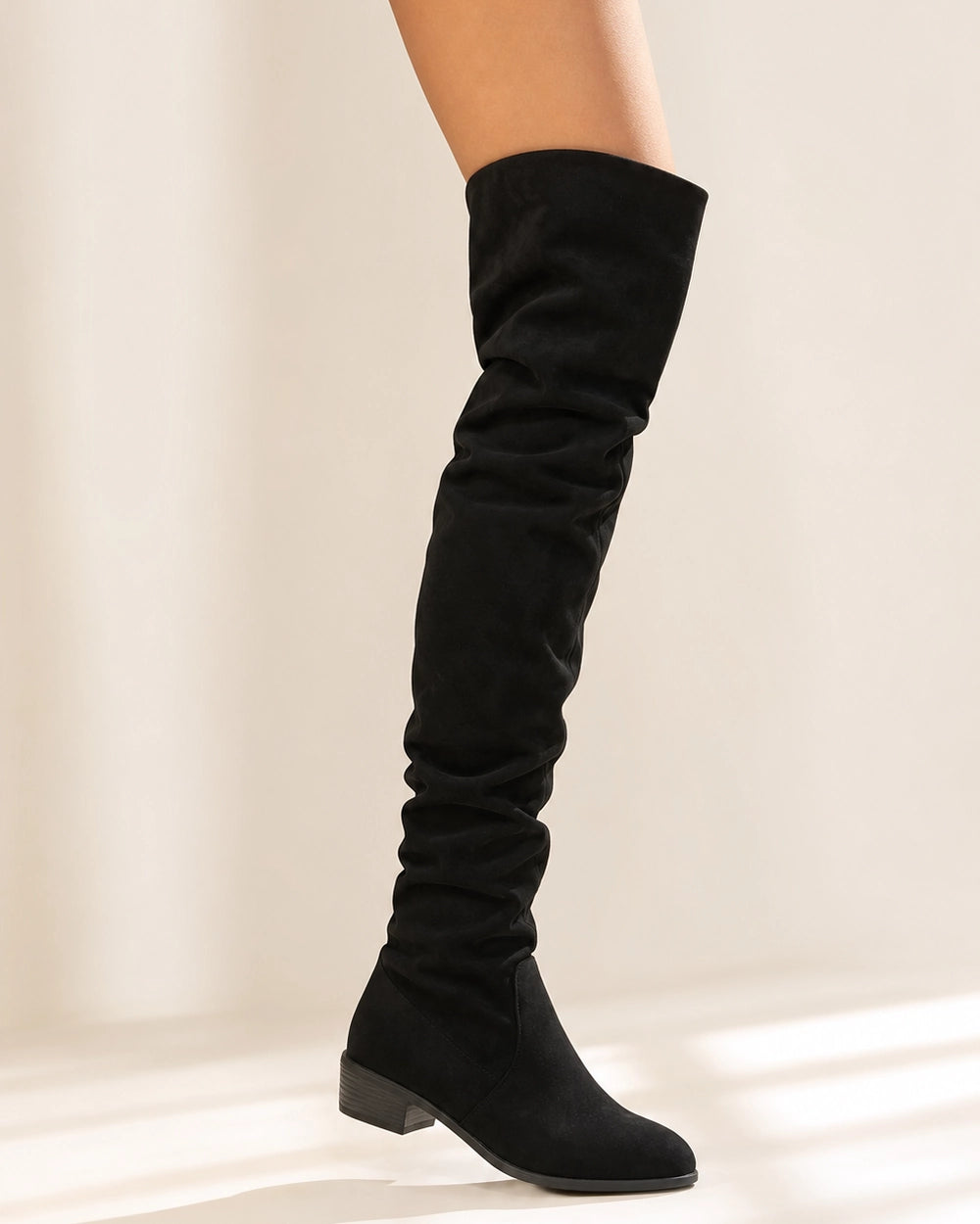 Momount Women Slouch Over-the-Knee Boots, black, lateral profile.