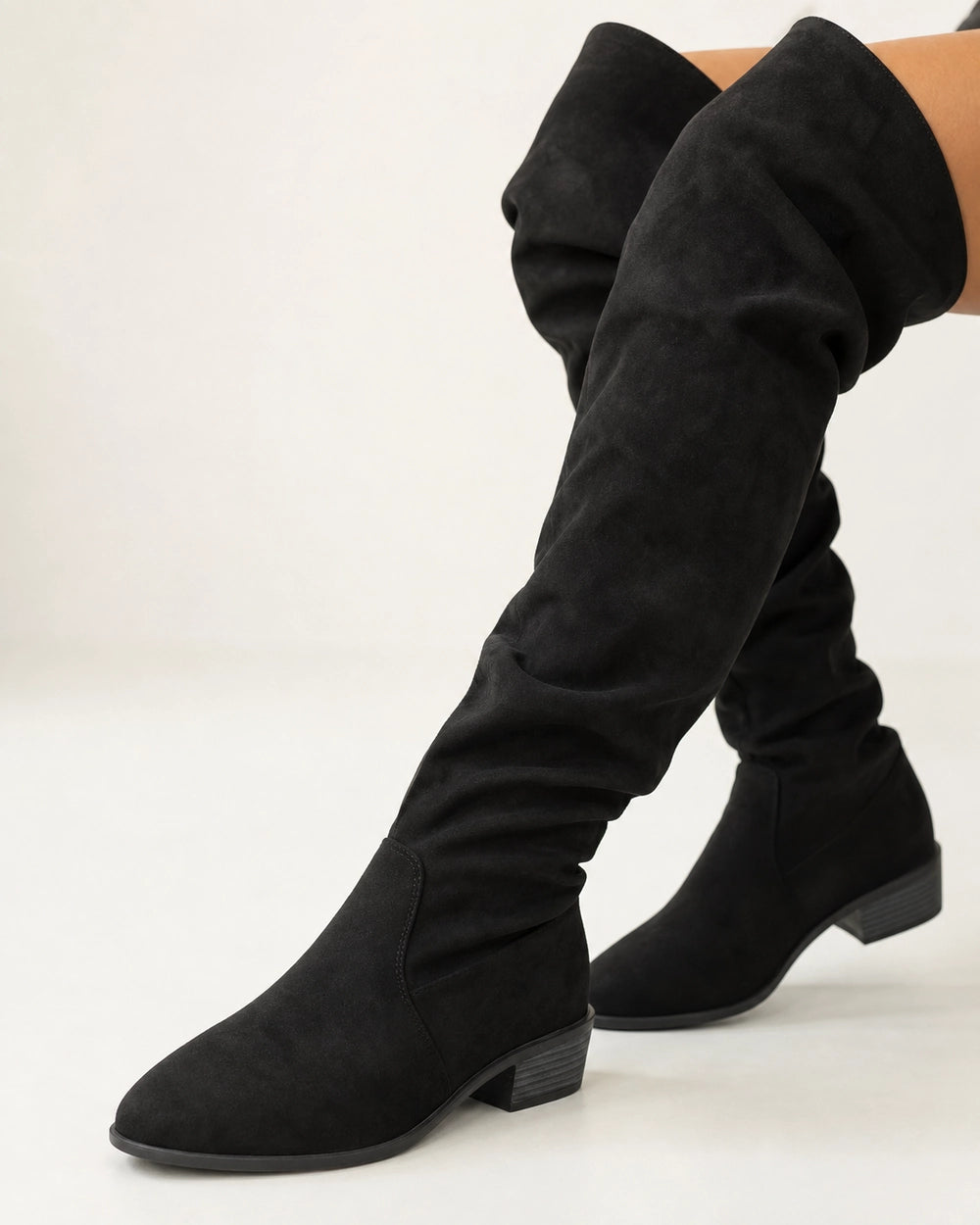 Momount Women Slouch Over-the-Knee Boots, black, construction detail.