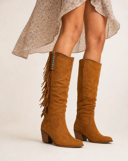 Momount Women Tiana Fringed Western Knee-High Boots – Block Heel, brown, hero.