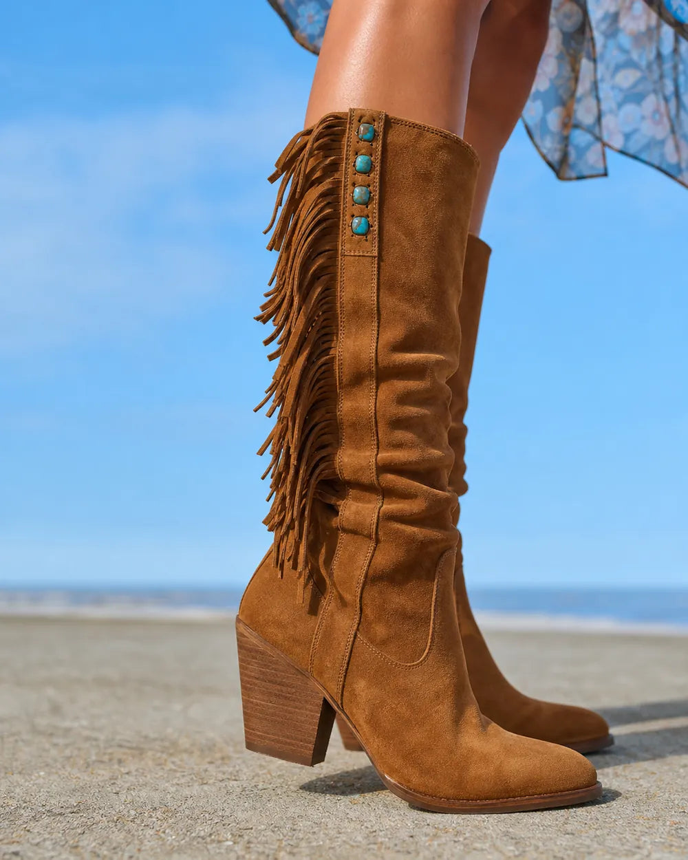 Momount Women Tiana Fringed Western Knee-High Boots – Block Heel, brown, construction detail.