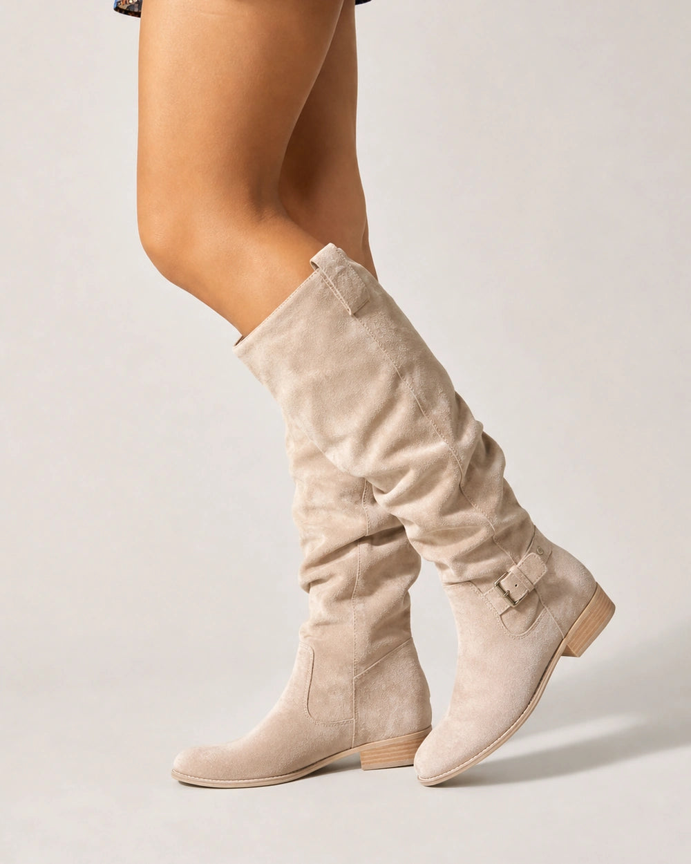 Momount Women Valeria Knee-High Boots – Soft Slouch, Low Block Heel, beige, lateral profile.