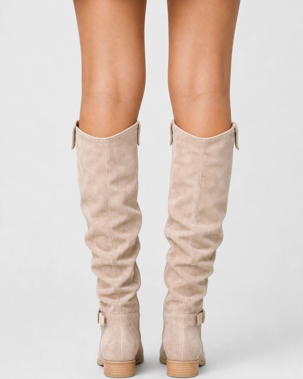 Momount Women Valeria Knee-High Boots – Soft Slouch, Low Block Heel, beige, rear view.