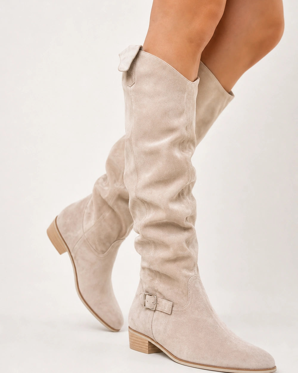 Momount Women Valeria Knee-High Boots – Soft Slouch, Low Block Heel, beige, construction detail.