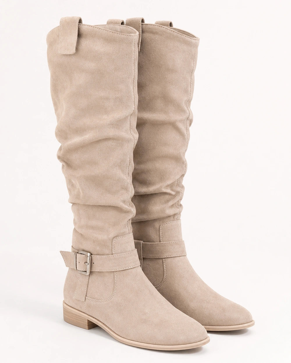 Momount Women Valeria Knee-High Boots – Soft Slouch, Low Block Heel, beige, product only.