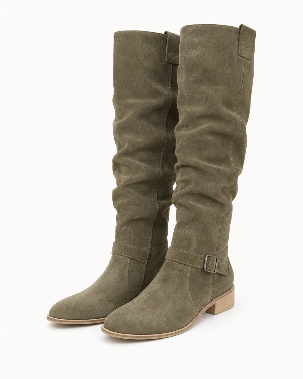 Momount Women Valeria Knee-High Boots – Soft Slouch, Low Block Heel, dark green, variant hero.