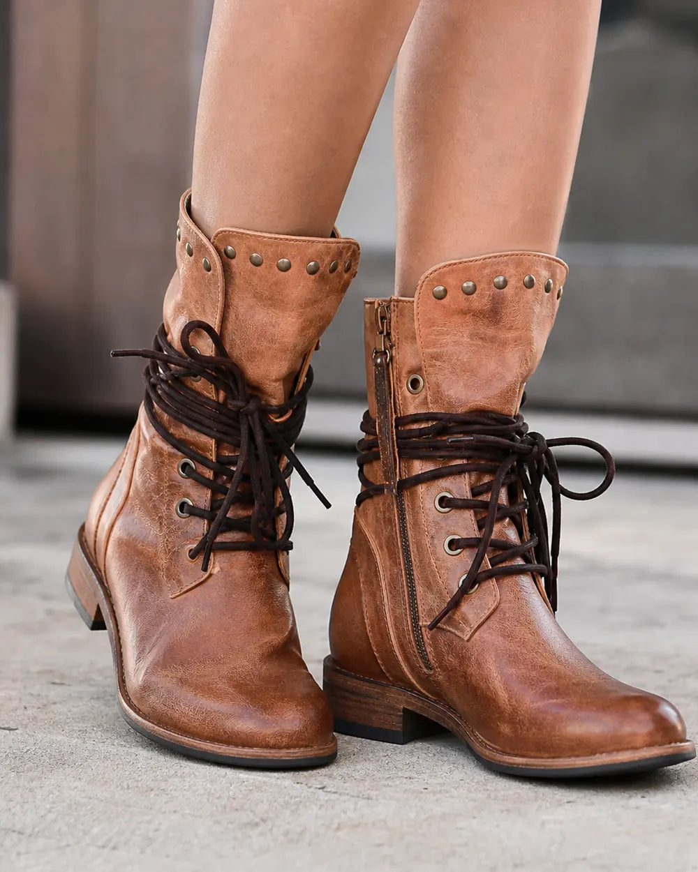 Momount Women Vintage Lace-Up Mid-Calf Boots – Studded Collar, Low Heel, brown, construction detail.