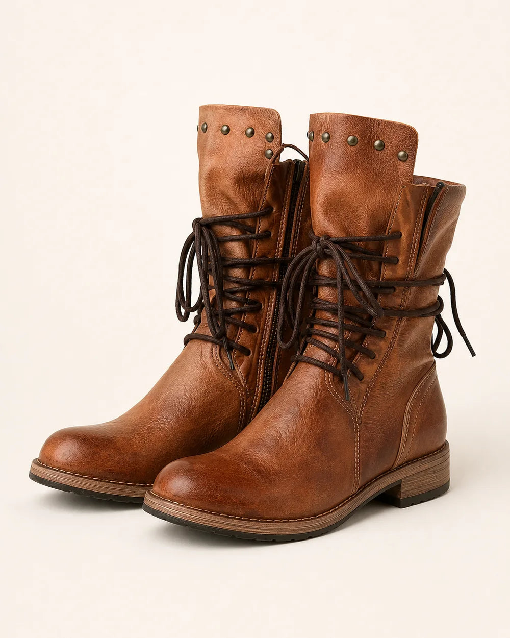 Momount Women Vintage Lace-Up Mid-Calf Boots – Studded Collar, Low Heel, brown, product only.