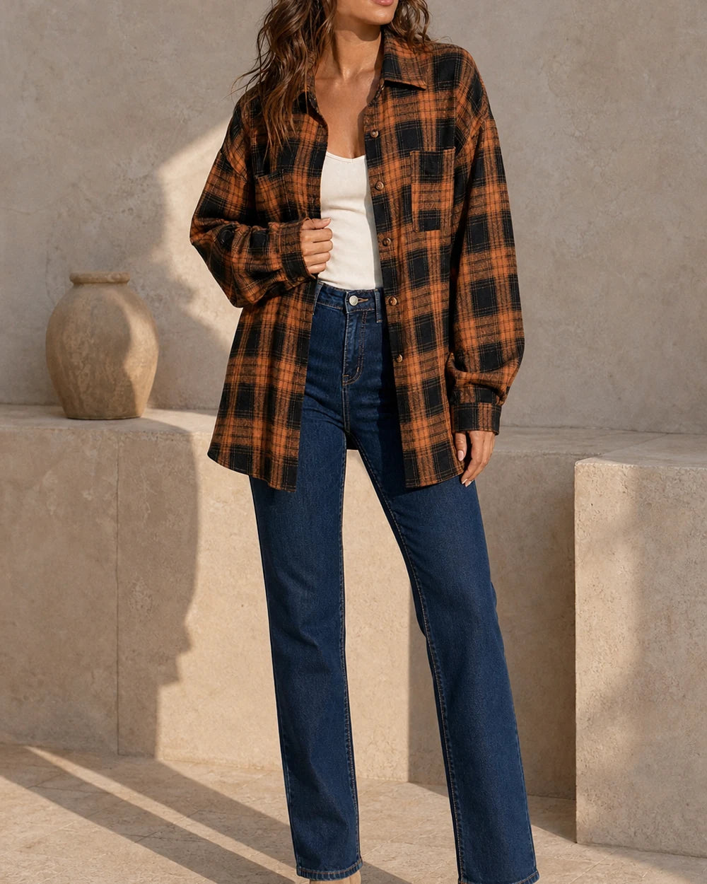 Women's caramel and black oversized plaid shirt, full styled silhouette. — momount-womens-oversized-plaid-shirt-caramel-02-silhouette.webp