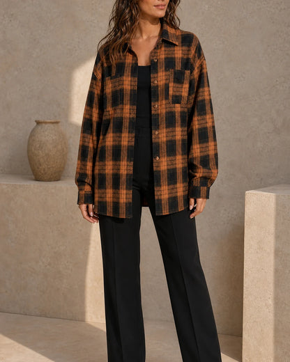 Women's caramel and black oversized plaid shirt, second styled front view. — momount-womens-oversized-plaid-shirt-caramel-07-second-styling.webp