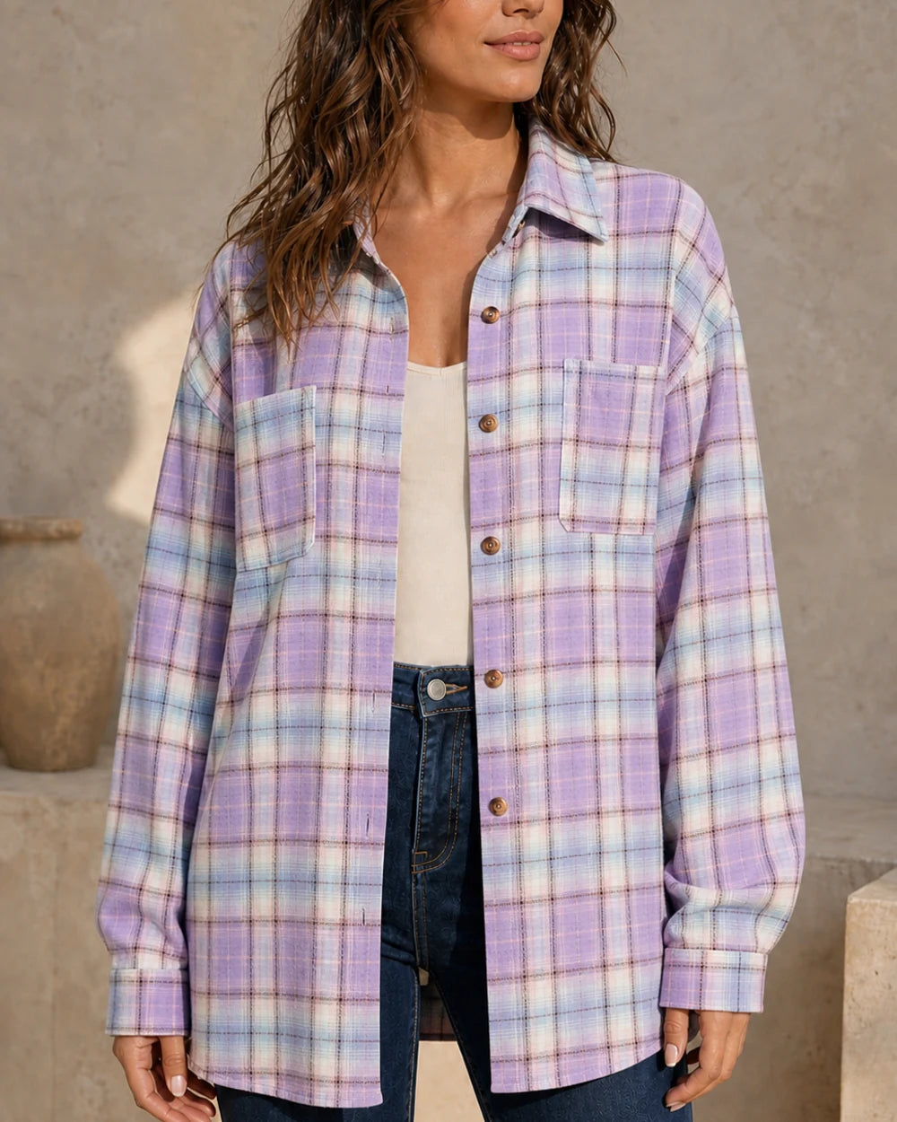 Women's lavender pastel oversized plaid shirt, front three-quarter worn view. — momount-womens-oversized-plaid-shirt-lavender-14-hero.webp