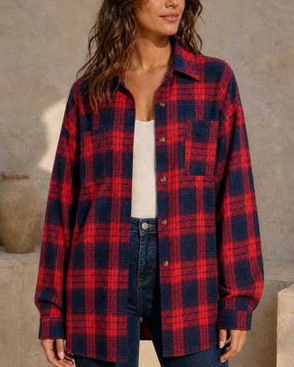 Women's red and navy oversized plaid shirt, front three-quarter worn view. — momount-womens-oversized-plaid-shirt-red-15-hero.webp