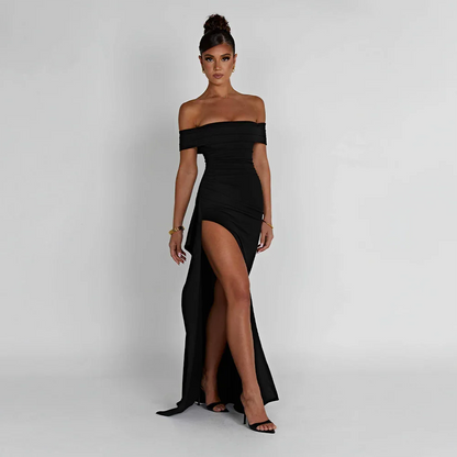 Daniela | Elegant Off Shoulder Ruched High Slit Evening Maxi Dress