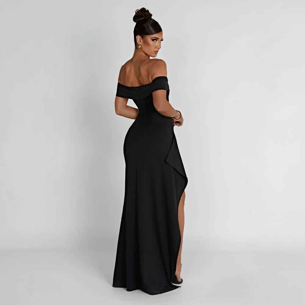 Daniela | Elegant Off Shoulder Ruched High Slit Evening Maxi Dress