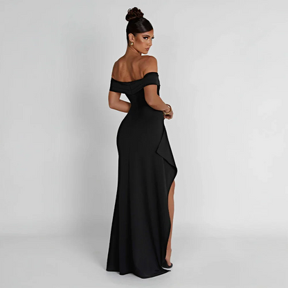 Daniela | Elegant Off Shoulder Ruched High Slit Evening Maxi Dress