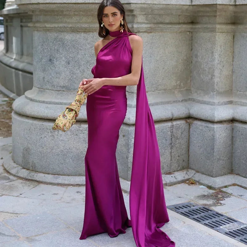 Ottavia | Maxikjole Drapéret Satin Enskuldret Caped Aften