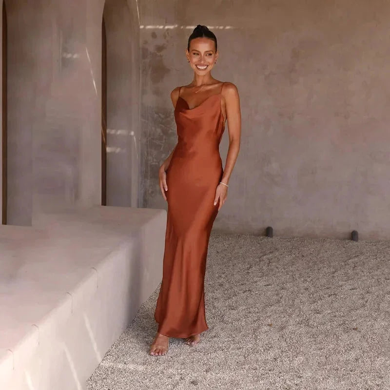 Calliope | Elegant Satin Cowl Neck Slip Bias Cut Evening Maxi Dress