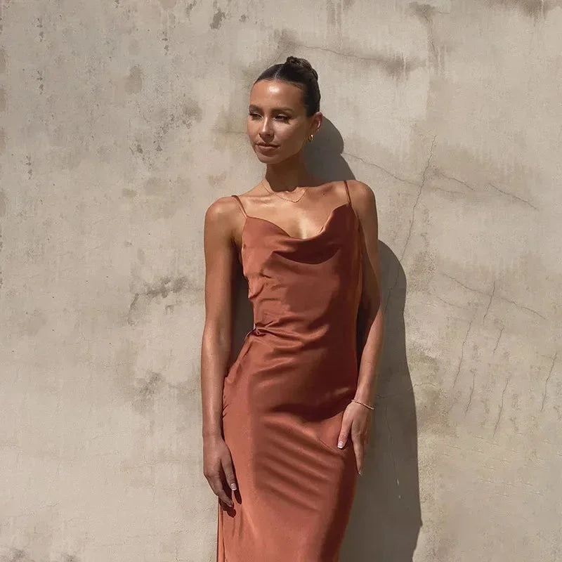 Calliope | Elegant Satin Cowl Neck Slip Bias Cut Evening Maxi Dress