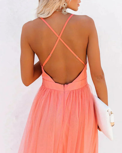 Damiana | Ethereal Tulle V Neck Backless Flowy Evening Maxi Dress